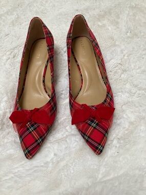Talbots Red Plaid Pointed Toe Heels with Bow Accent